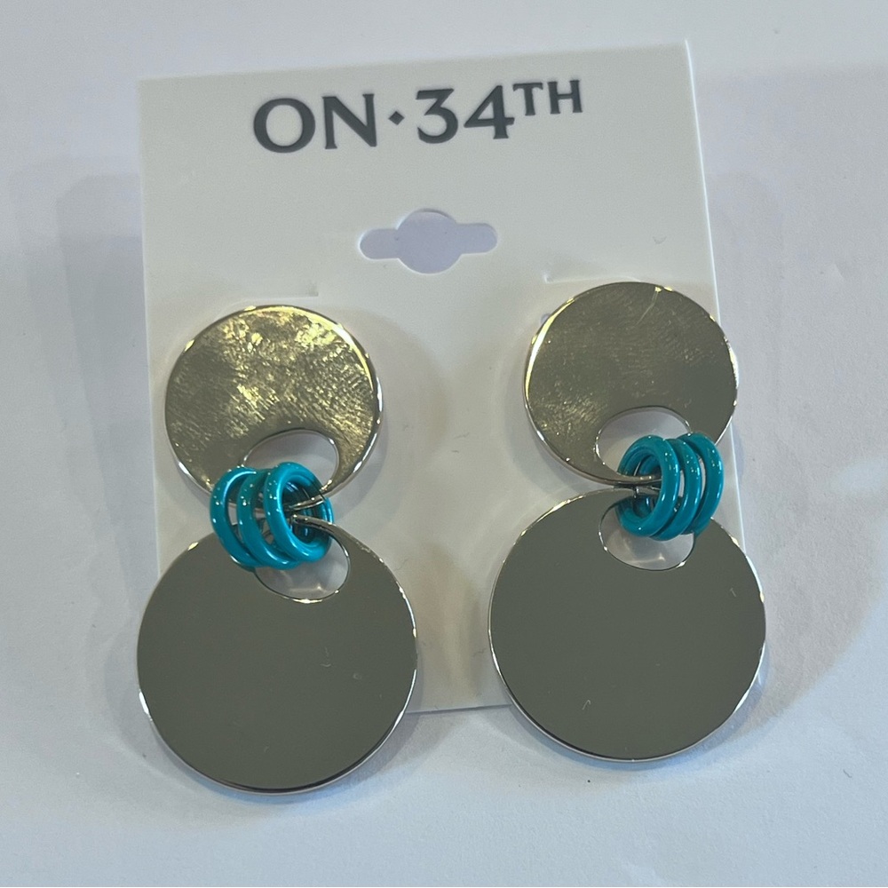 Gold Tone Discs & Green/Blue Rings Two-Tier Post Earrings NWT MSRP $39.50